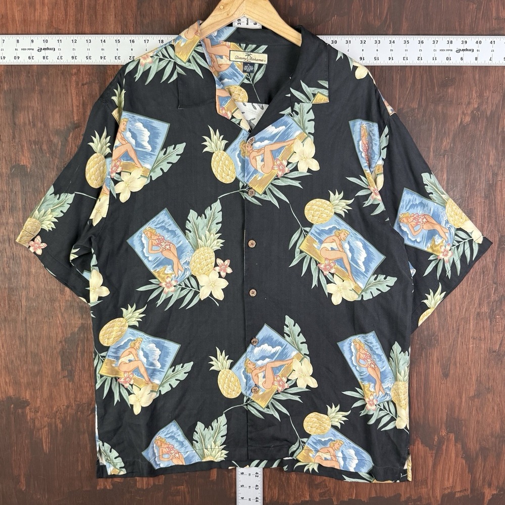 Tommy Bahama 100% Silk Bikini Girl Black Hawaiian‎ Floral Button Shirt Men XL